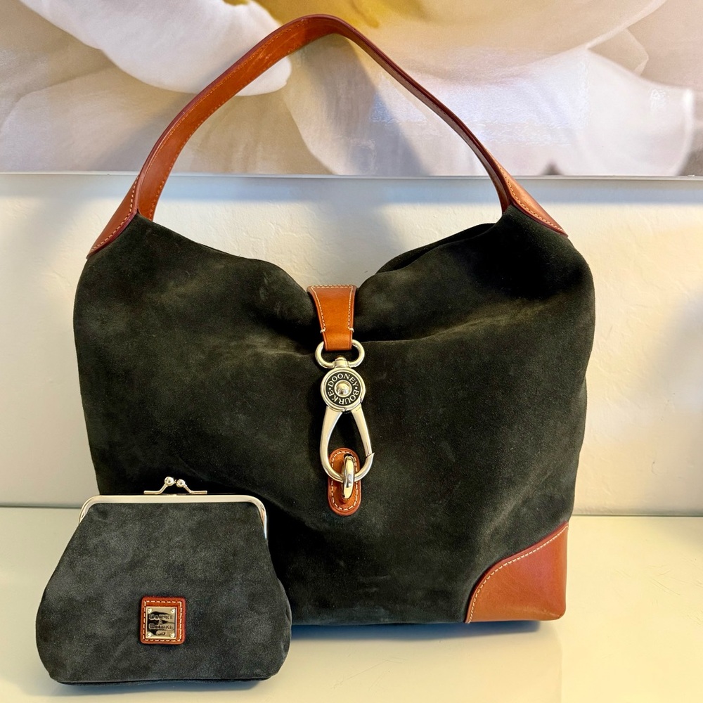 Large Dooney & Bourke Shoulder Bag - Black Suede, Leather accents, Red Interior